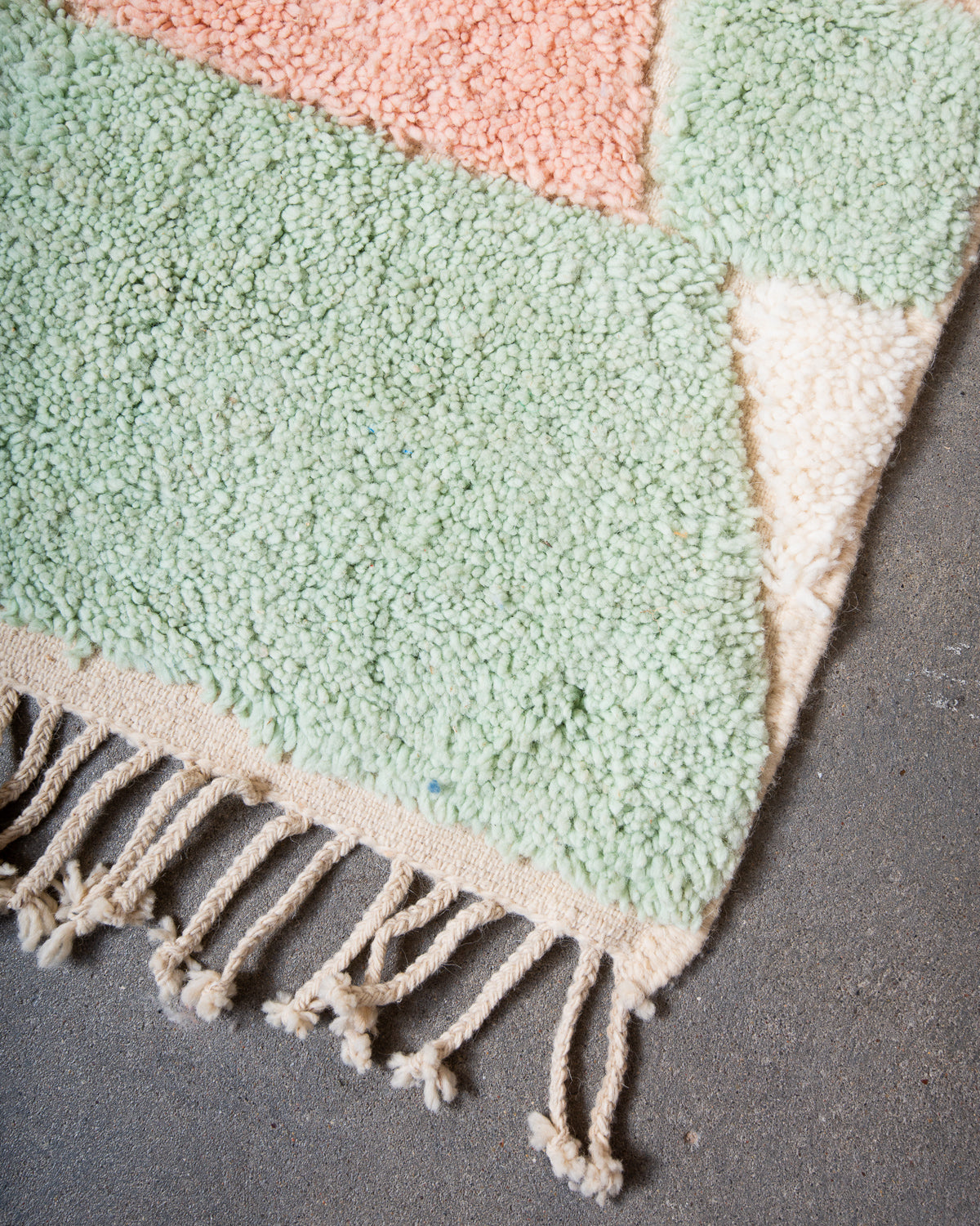 Modern, designer, handcrafted Berber rug from Morocco. Beniourain carpet with beautiful colours and patterns and fluffy wool texture.